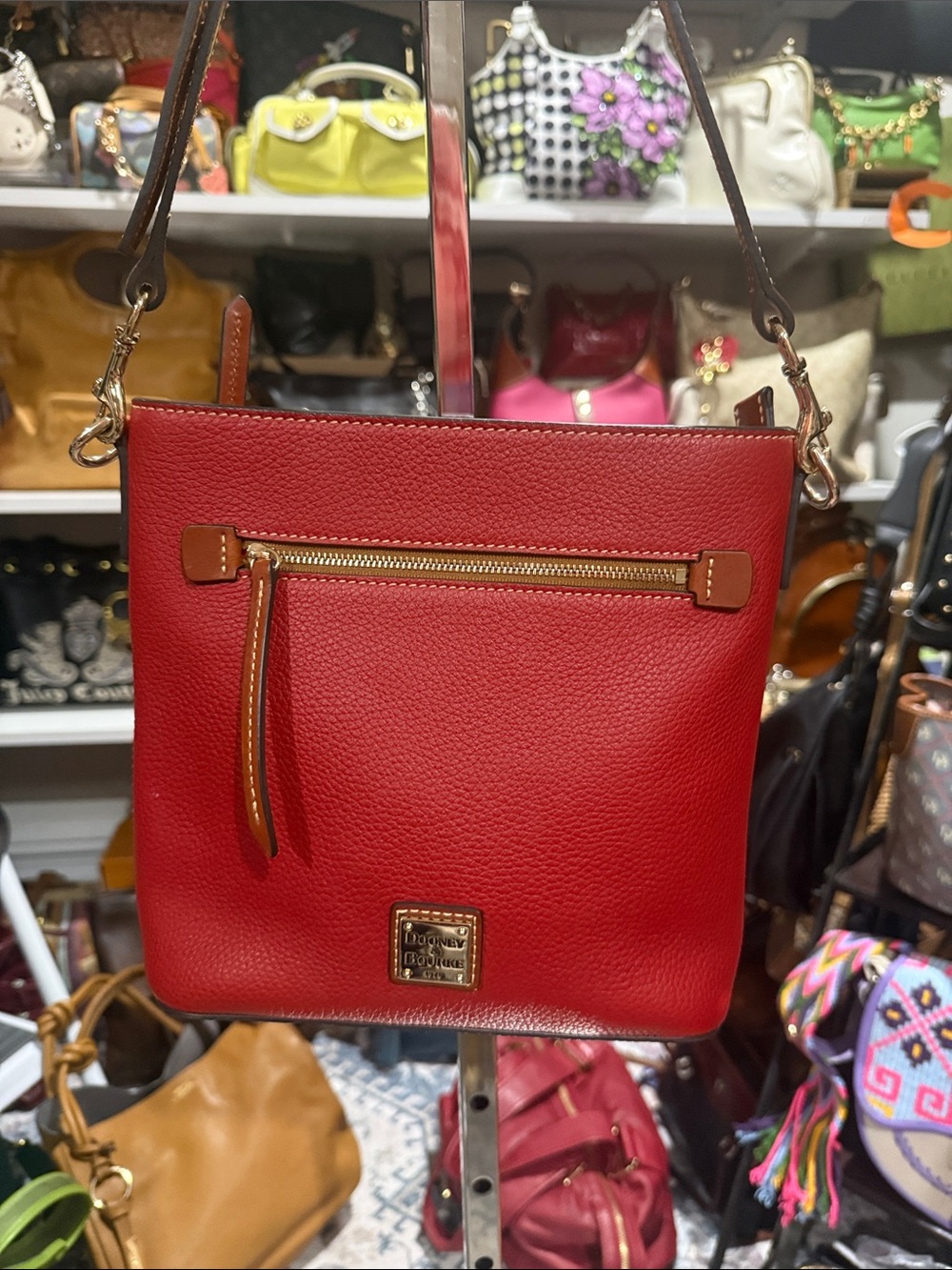 Dooney & Bourke Red Pebbled Leather Crossbody with Gold Trim